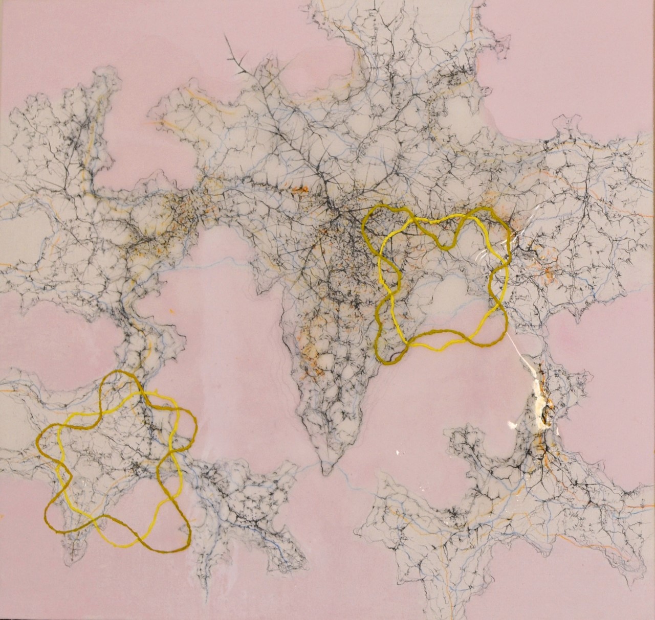 Difficult summertime stories (2016), pencils, oil, liquid glass on canvas, 55x45 cm