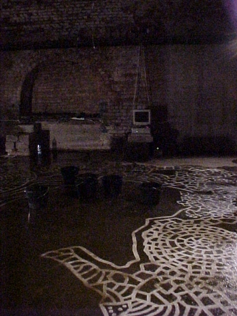Water II, floor painting, sound, water, Bishopsgate, London 2002