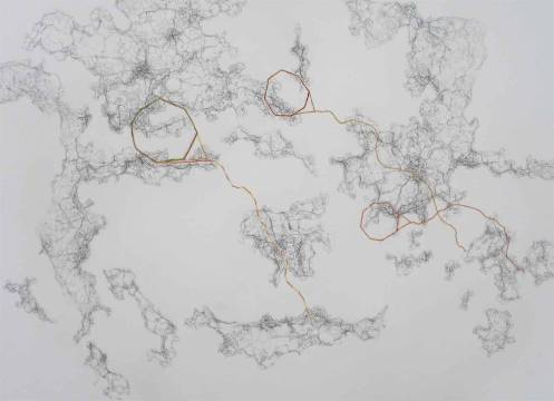 Flying, pencils, cotton threads, on paper, 50 x 70 cm.